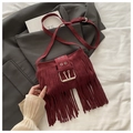 Close-up of wine red suede bag with vintage metal buckle and long decorative fringe - Red