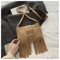 Detail of brown suede crossbody bag with fringe tassels and metallic buckle belt - Khaki