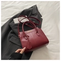 Detail van de krokodillentextuur van de bordeauxrode vierkante tas op stijlvol pak - Rood
