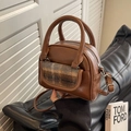 Retro brown leather bowling bag with plaid fabric detail and dual top handles for women - Tan