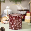 Boîte de Noël rouge en métal avec flocons blancs, poignée dorée et couvercle Père Noël - Style Motif Flocon de Neige Rouge Foncé (G)