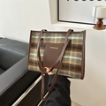 Chic plaid woolen tote bag in green and brown with leather handles for women's daily commute - Green Brown White Plaid / Green