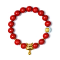 Red cinnabar zodiac bracelet with golden dragon charm and blue beads for luck - Dragon