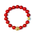 Red cinnabar bead bracelet with golden zodiac dog charm and blue decorative stone - Dog