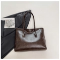 Deep brown vintage glossy leather tote bag with large capacity and double handles - Coffee