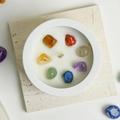 White cylinder soy candle with seven chakra healing stones and natural cotton wick - Rainbow Crystal