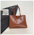 Minimalist caramel brown faux leather tote bag with long shoulder straps for daily work - Red Brown