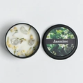 Jasmine scented soy candle in black tin with dried flowers and white crystals - Jasmine