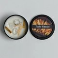 Handmade Palo Santo scented soy candle in black tin with crystals and wood pieces - Palo Santo