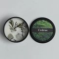 Travel size Cedrus scented soy candle in black tin with white crystals and cedar decor - Cedarwood