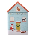 Blue dog house Christmas tin box with festive Santa and puppy illustrations for candy - Christmas Blue Dog House Tin Box