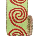 Primer plano de cinta navideña verde claro con espirales de purpurina roja y bordes cosidos - Estilo Espiral Rojo Verde