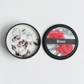 Rose scented soy candle in black tin with dried flower petals and white crystals - Rose