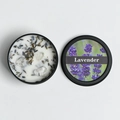 Lavender scented soy wax candle in black tin with dried flowers and crystals - Lavender