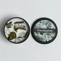 Eucalyptus scented soy candle in black tin with dried leaves and crystals - Eucalyptus
