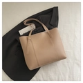 Detail of khaki leather tote bag with vertical stitching and dual shoulder straps - Dark Khaki