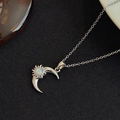 Silver crescent moon and sun necklace with glowing white opal stone on black fabric - White Opal Moon Sun (EXRGN0429) / Steel Color - White Stone Moon Sun
