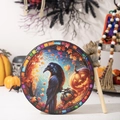 Halloween hand drum featuring raven and pumpkin design with a wooden mallet - Halloween Raven Drum