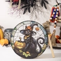 Halloween decorative round plaque featuring a black cat with wizard hat and pumpkins - Halloween Black Cat Drum