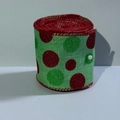 Light green Christmas ribbon with red glitter dots and wired edge for DIY crafts - Green With Colored Dots
