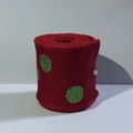 Red Christmas wired ribbon with glittery green and red polka dots and pearl pin - Red With Colored Dots