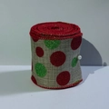 Polka dot burlap Christmas ribbon with red and green glitter wired edges for DIY crafts - Natural Burlap With Colored Dots