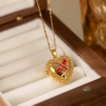 Detail of vintage heart locket necklace with red enamel bee and MINE engraving - Heart Bee Locket / Red