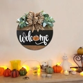 Detail of wooden welcome sign featuring leopard print bow and decorative green leaves - Style I (Leopard Pumpkin)