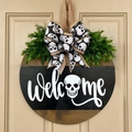 Halloween Welcome wood sign with white ghost skull, greenery and burlap bow door decor - Skull