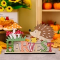 Wooden HARVEST table decor with cute hedgehog and colorful patterned letters for autumn - Hedgehog Style (Harvest Season Animal Wooden Ornament A)
