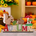 Wooden Autumn tabletop decor with squirrel and mushroom ornaments on an orange base - Squirrel Style (Harvest Season Animal Wooden Ornament B)