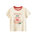 Kids cream cotton T-shirt with red contrast neck and pancakes caviar graphic print - 130cm / Beige Apricot