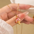 Chic mushroom pendant necklace with colorful enamel dots on a gold chain for women - Red and Pink Mushroom