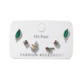 Detail of 925 silver post earrings featuring green leaf and colorful bird designs - Colorful Bird Leaf Stud Earrings 6-Piece Set