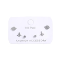 Detailed view of silver planet and airplane stud earrings set on a display card - Airplane Planet Stud Earrings 6-Piece Set