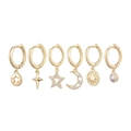Detailed set of six gold-plated hoop earrings with star and moon charms and zircons - Hollow Star Moon Zircon Earring Set