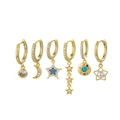 Detail of 6-piece gold earring set featuring moon star and zircon designs on white background - Star Moon Pearl Zircon Earring Set