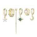 Detail of 6-piece gold earring set featuring star moon charms and colorful zircon stones - Bohemian Star Moon Pearl Hoop Set