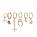Bohemian gold earring set with hollow moon, star, and evil eye zircon charms - Round Disc Star Moon Earring Set