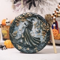 3D relief Halloween decorative drum featuring a wizard silhouette and maple leaves - Gothic Ghost Festival Black Robe Witch Drum
