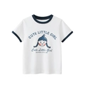 T-shirt da ragazza in cotone bianco con bordi blu navy e simpatica stampa cartoon - 130cm / Bianco Sporco e Blu Navy