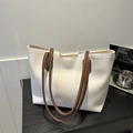 Minimalist white tote bag with brown straps made of premium synthetic leather - White