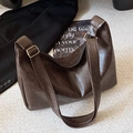 Retro deep brown faux leather tote bag with vintage oil wax texture and gold hardware - Brown