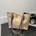 Large capacity tote bag in beige with brown handles for professional office commuting - Khaki