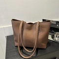 Brown leather tote bag with white contrast stitching and large capacity for work - Brown
