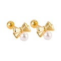 Elegante Franse stijl strik pareloorbellen met goudlaag en veilige schroefsluiting voor dames - Schroefknopjes / Gouden Strik Parel Oorknopjes