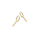 Macro shot of S925 sterling silver stamp on golden geometric bar hoop earrings - Gold Bar Pendant Hoop Earrings - Gold