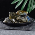 Natural labradorite raw stone with blue flash and golden sheen in a black tray - Labradorite (Small) / Labradorite / Grey-Blue (Multicolor)