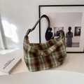 Green and brown vintage checkered plush hobo bag with a dark brown leather strap - Green Plaid
