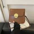 Chic brown retro square leather crossbody bag with a hammered gold metal buckle decoration - Brown